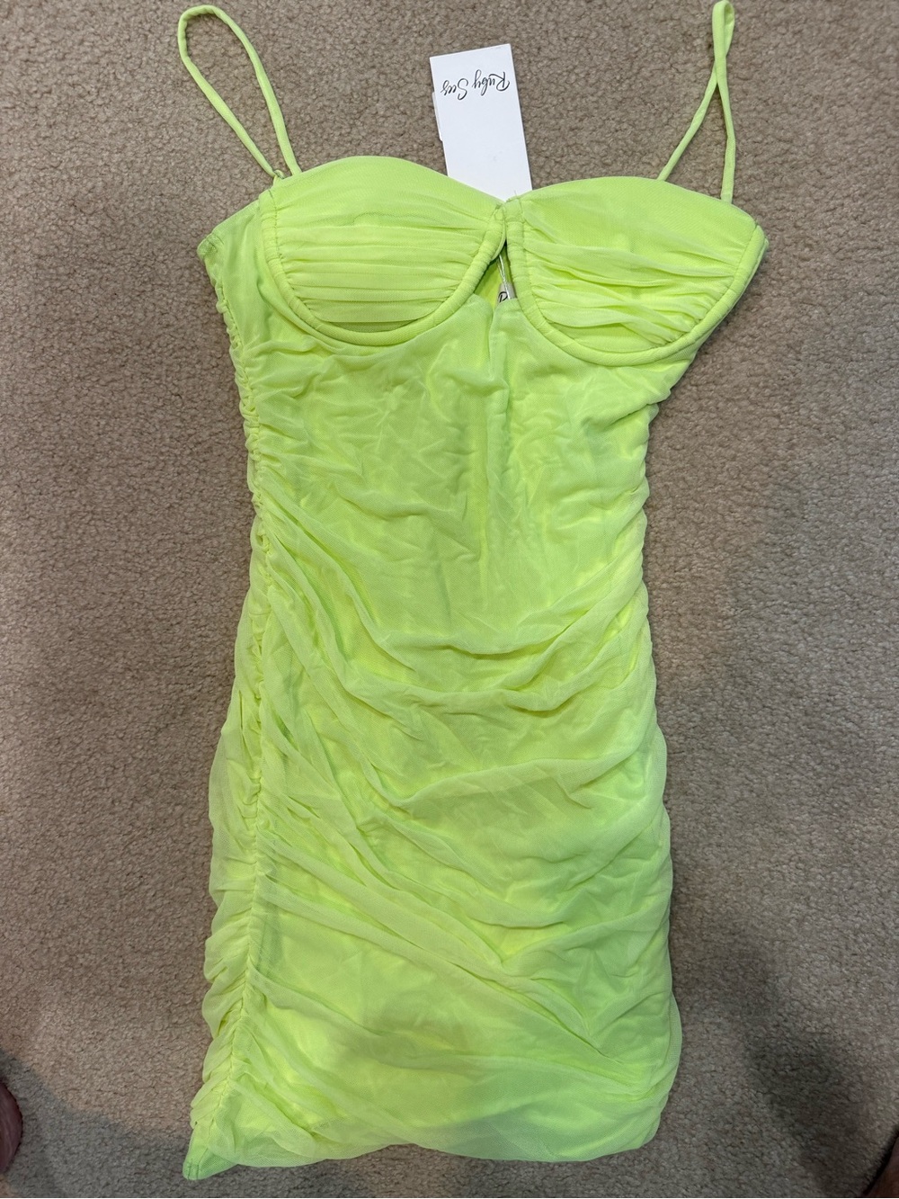 Neon Lime Spaghetti-Strap Ruched Mini Dress - Kids